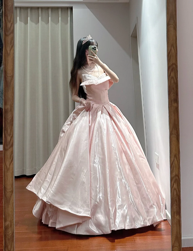 Princess Pink Strapless Ruffled Neck Satin Floor-Length Ball Gown Evening Dress - View 3 | FashionDia