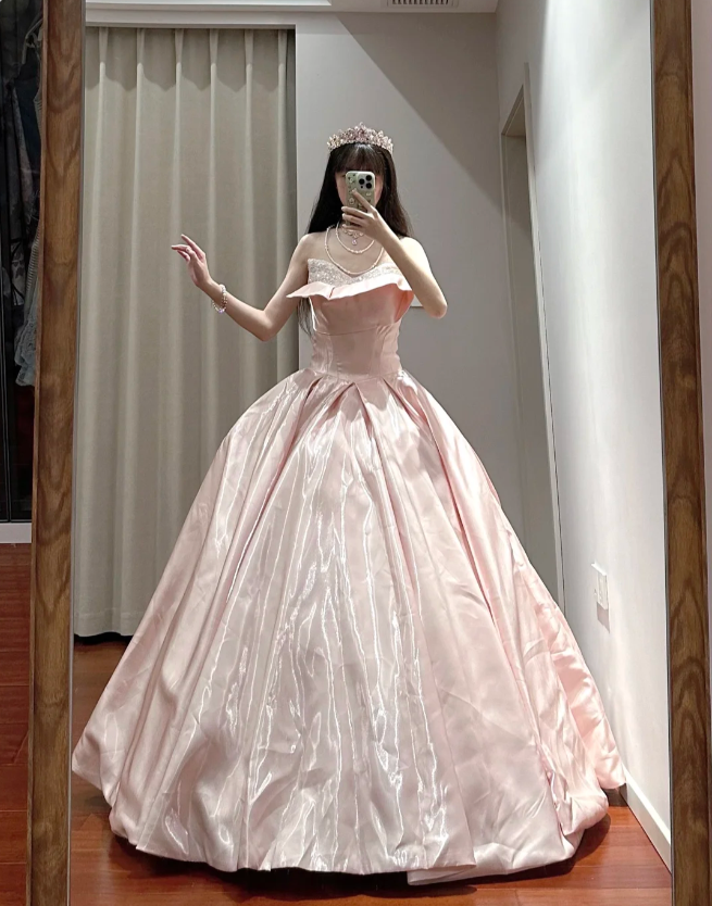Princess Pink Strapless Ruffled Neck Satin Floor-Length Ball Gown Evening Dress - View 4 | FashionDia