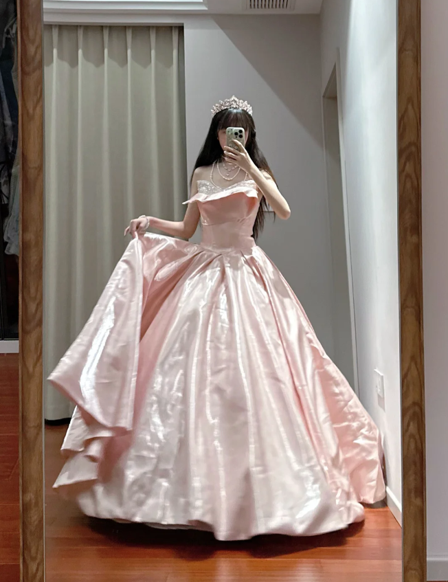 Princess Pink Strapless Ruffled Neck Satin Floor-Length Ball Gown Evening Dress - View 5 | FashionDia