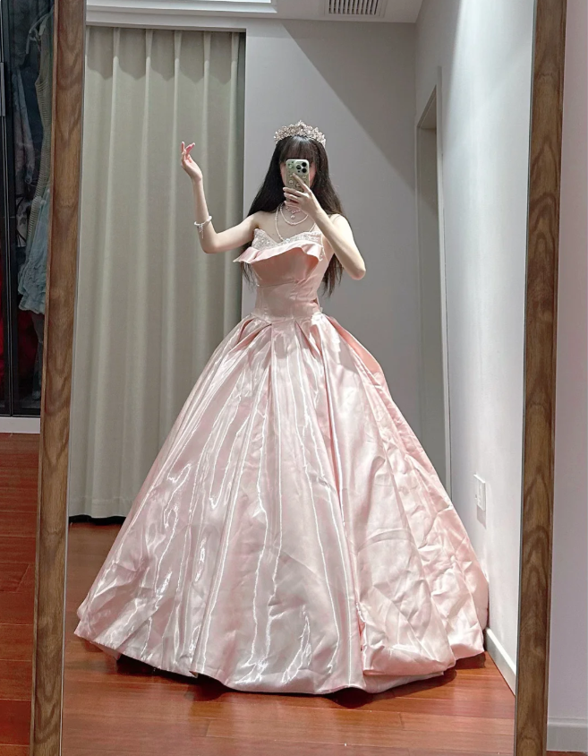 Princess Pink Strapless Ruffled Neck Satin Floor-Length Ball Gown Evening Dress - View 6 | FashionDia