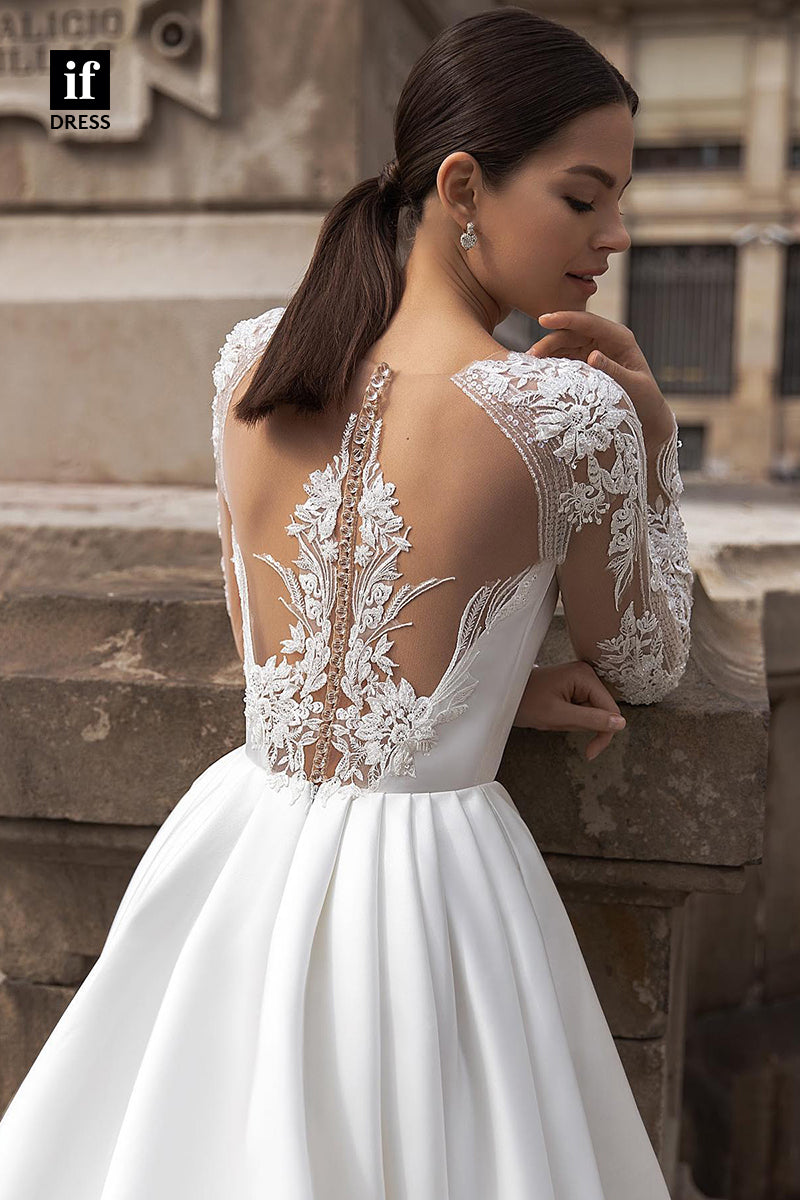 31569 - Distinctive A-Line Long Sleeves Satin Ruched Appliques Boho Wedding Dress