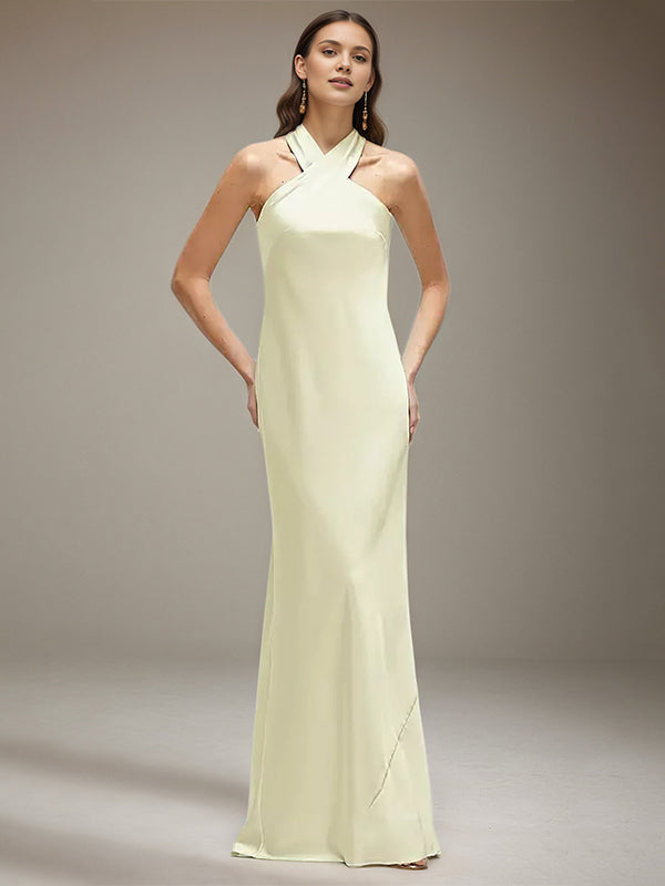 Ivory Satin Halter Neck Sleeveless Floor Length Dress