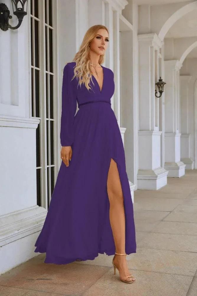 Ladies V Neck Chiffon Long Sleeve Front Slit Bridesmaid Evening Dress Wedding Party Shopping Evening Dress 28109 by numbersea