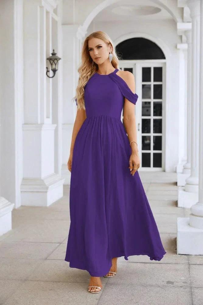 Ladies Chiffon Off Shoulder Swing Sleeve Front Slit Bridesmaid Evening Dress Wedding Party Evening Dress 28117 (ZD17011)