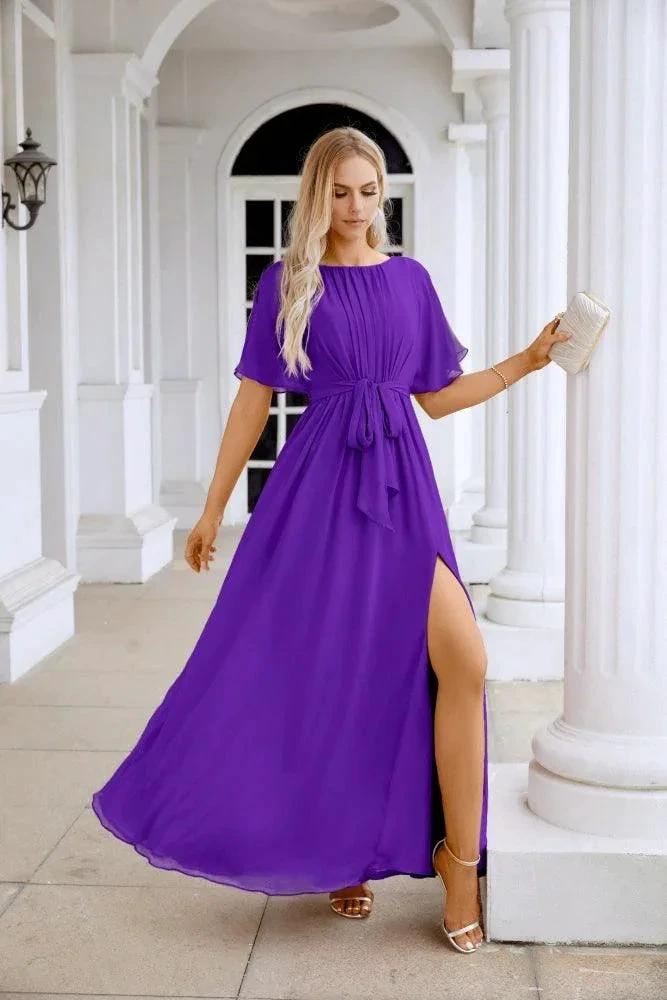 Ladies Chiffon Sleeve Crew Neck Front Slit Floor Length Bridesmaid Evening Dress Wedding Party Evening Dress 28124 by numbersea