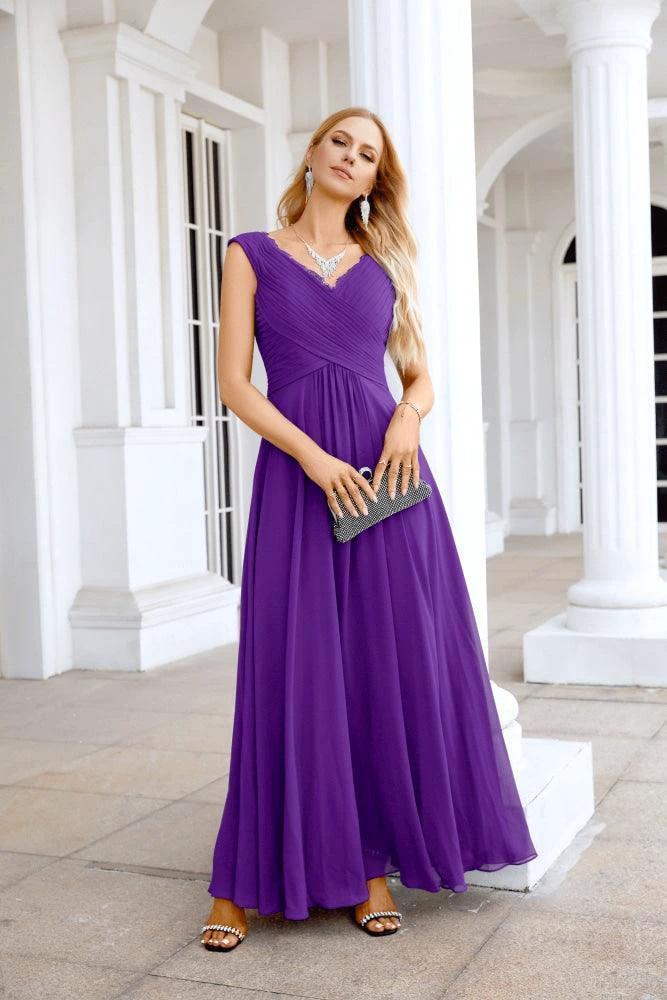 Ladies Chiffon V Neck Sleeveless Floor Length Bridesmaid Evening Dress Wedding Party Evening Dress 28126 by numbersea