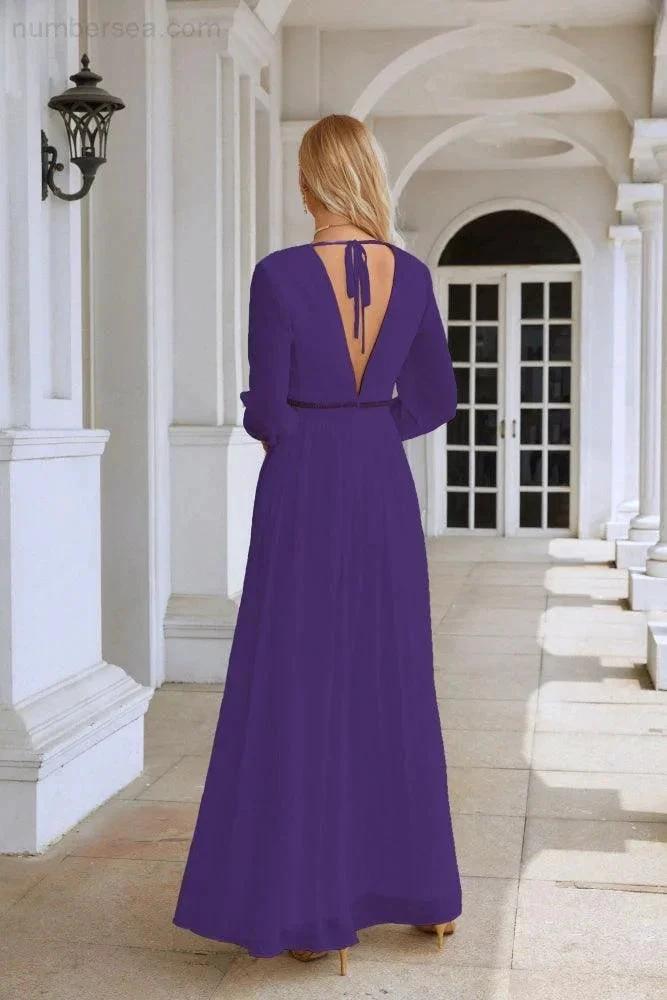 Ladies V Neck Chiffon Long Sleeve Front Slit Bridesmaid Evening Dress Wedding Party Shopping Evening Dress 28109 (ZD16991)