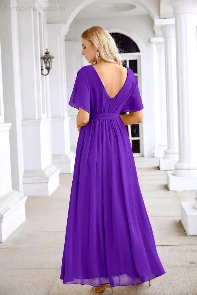 Ladies Chiffon Sleeve Crew Neck Front Slit Floor Length Bridesmaid Evening Dress Wedding Party Evening Dress 28124 (ZD17007)