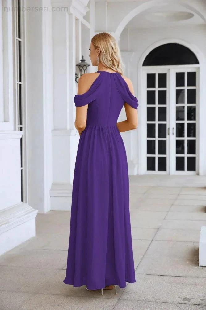 Ladies Chiffon Off Shoulder Swing Sleeve Front Slit Bridesmaid Evening Dress Wedding Party Evening Dress 28117 (ZD17011)