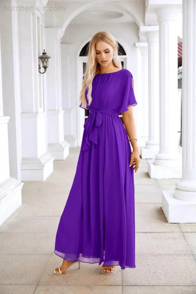 Ladies Chiffon Sleeve Crew Neck Front Slit Floor Length Bridesmaid Evening Dress Wedding Party Evening Dress 28124 (ZD17007)