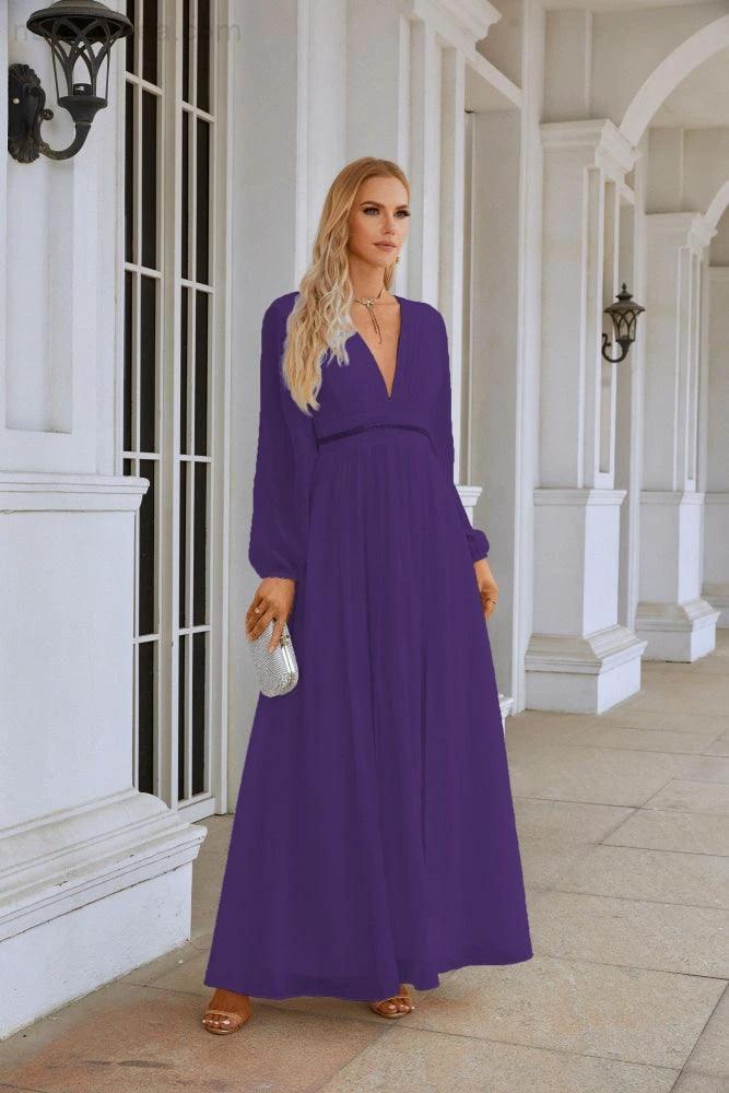 Ladies V Neck Chiffon Long Sleeve Front Slit Bridesmaid Evening Dress Wedding Party Shopping Evening Dress 28109 (ZD16991)