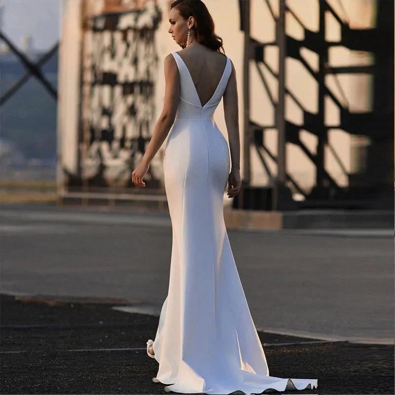 Sexy Mermaid Strapless Wedding Dresses Simple Satin Sleeveless Bridal Gown Elegant V-Neck Backless Beach Vestido De Novia (ZD13559)