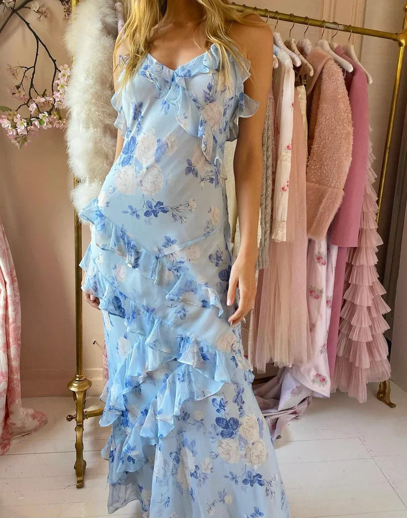Charming Spaghetti Straps Chiffon Print Prom Dress Ruffles Mermaid Party Evening Gown - View 5 | FashionDia