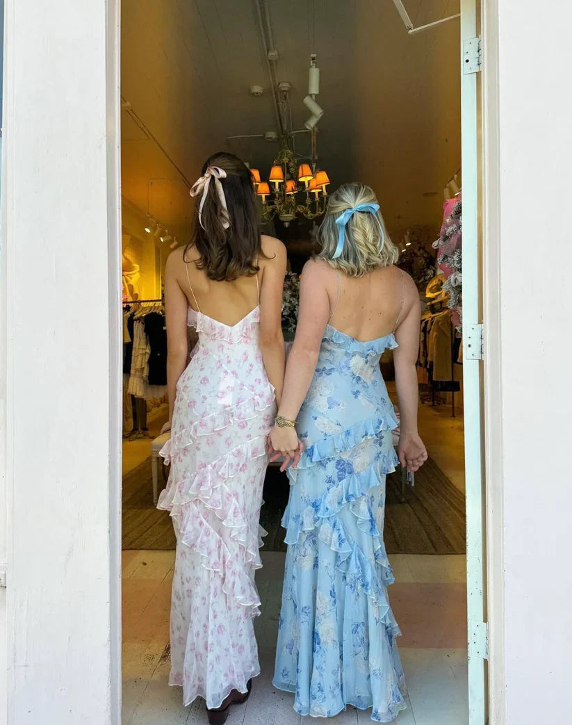 Charming Spaghetti Straps Chiffon Print Prom Dress Ruffles Mermaid Party Evening Gown - View 3 | FashionDia