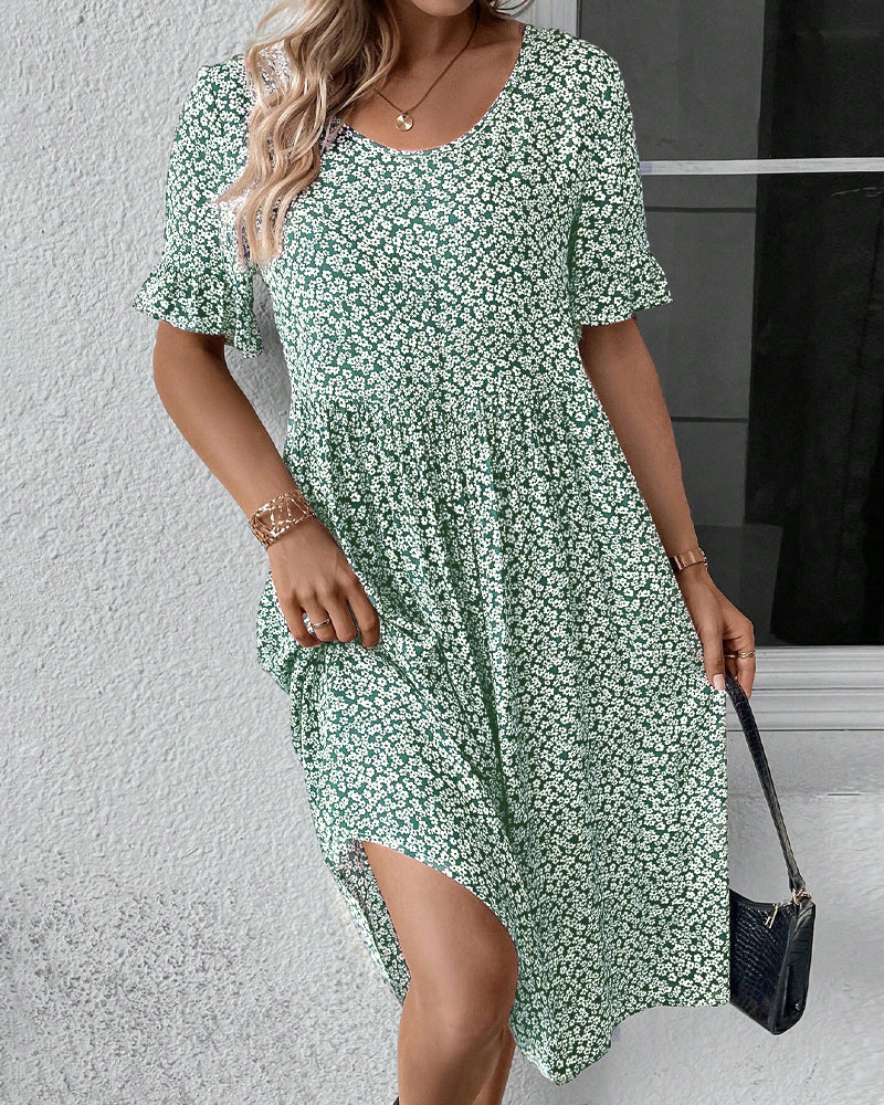 Sue Aesthetic Round Neck Dress with Floral Print Designer Edit