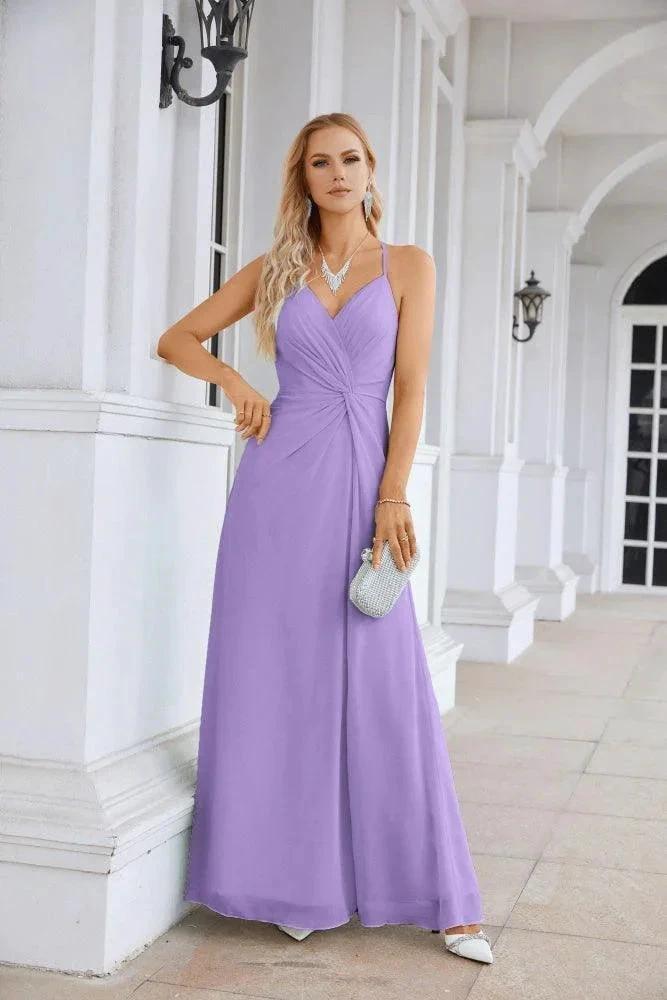 Ladies Chiffon Spaghetti Strap V Neck Front Slit Floor Length Bridesmaid Evening Dress Prom Party Wedding Evening Dress 28116 by numbersea