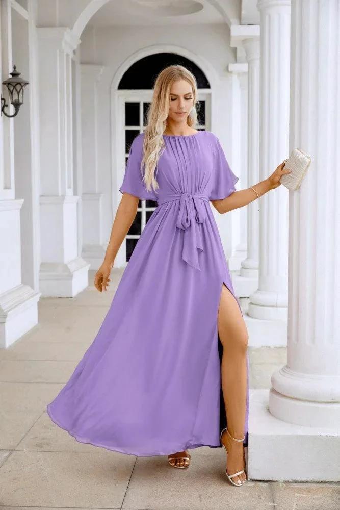 Ladies Chiffon Sleeve Crew Neck Front Slit Floor Length Bridesmaid Evening Dress Wedding Party Evening Dress 28124 by numbersea