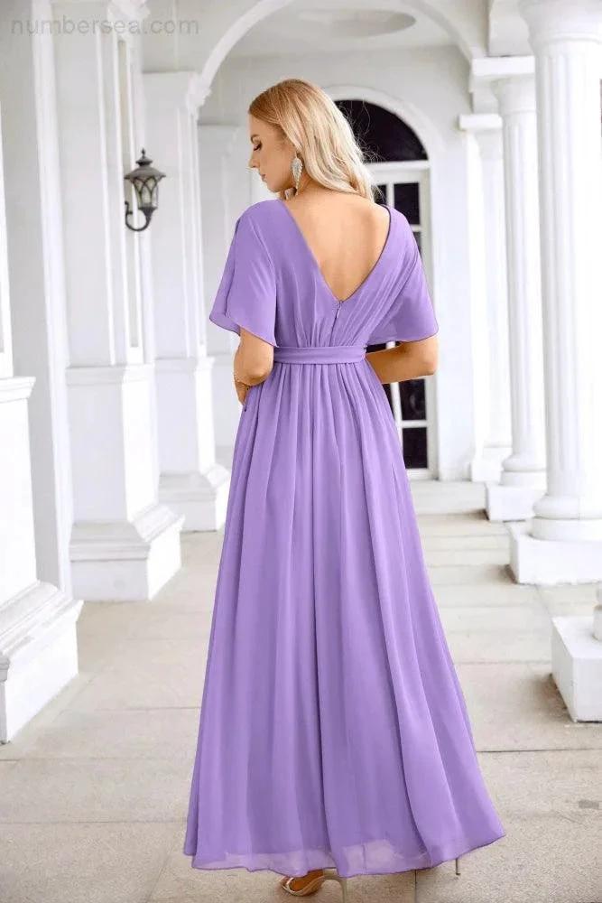 Ladies Chiffon Sleeve Crew Neck Front Slit Floor Length Bridesmaid Evening Dress Wedding Party Evening Dress 28124 (ZD17007)