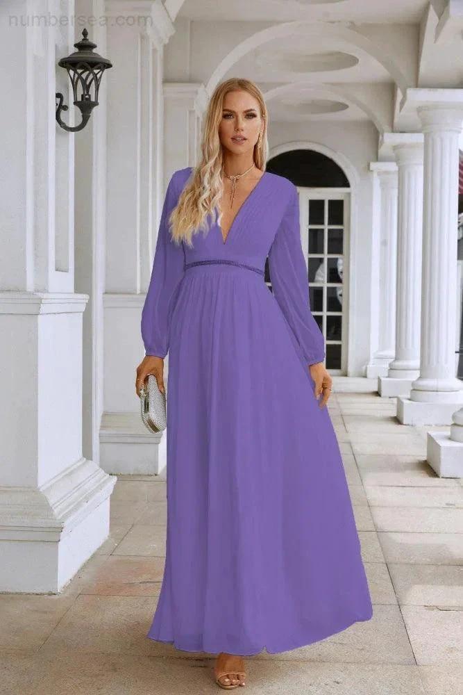 Ladies V Neck Chiffon Long Sleeve Front Slit Bridesmaid Evening Dress Wedding Party Shopping Evening Dress 28109 (ZD16991)