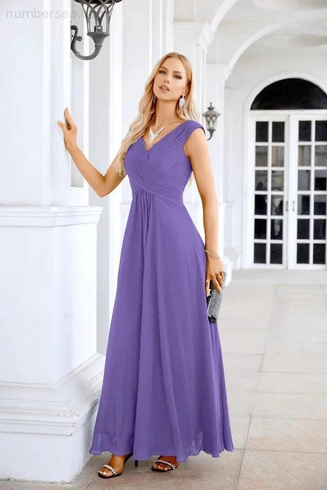 Ladies Chiffon V Neck Sleeveless Floor Length Bridesmaid Evening Dress Wedding Party Evening Dress 28126 (ZD16989)