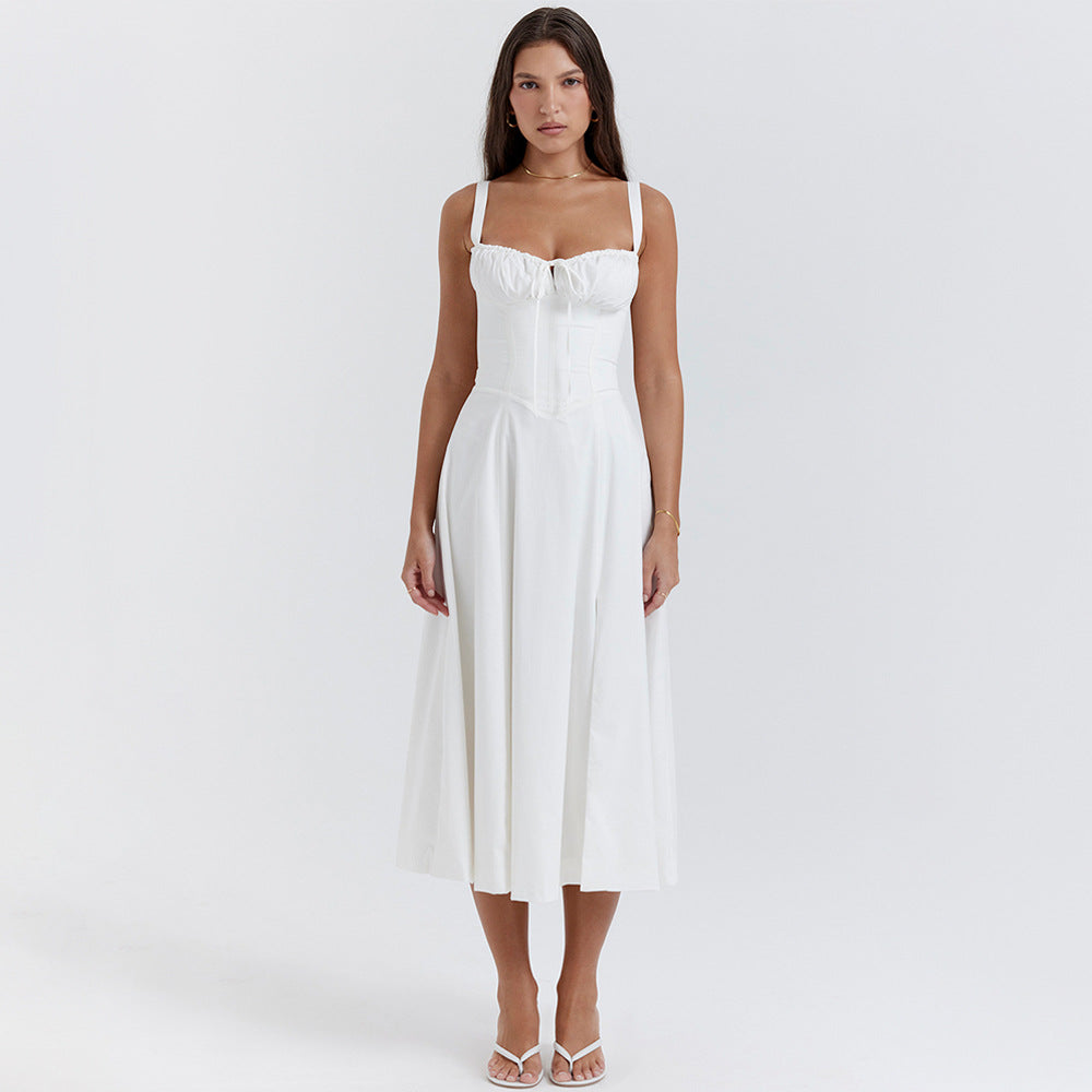 Backless Slim Fit Strap Dress Vacation Floral Split Mid Length Dress