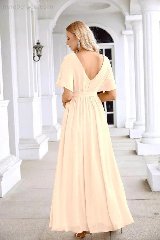 Ladies Chiffon Sleeve Crew Neck Front Slit Floor Length Bridesmaid Evening Dress Wedding Party Evening Dress 28124 (ZD17007)