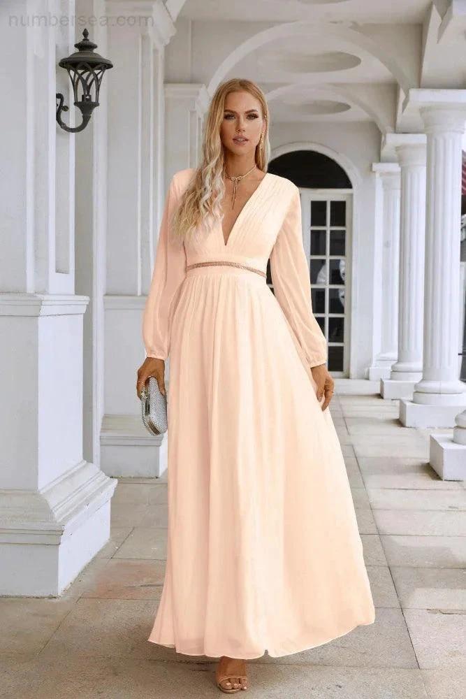 Ladies V Neck Chiffon Long Sleeve Front Slit Bridesmaid Evening Dress Wedding Party Shopping Evening Dress 28109 (ZD16991)