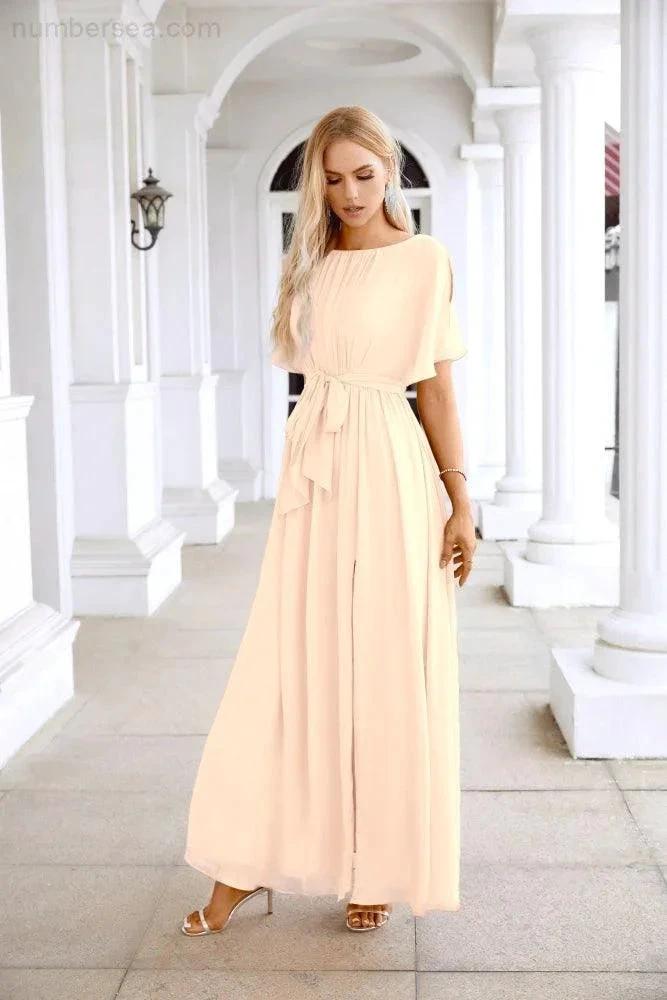 Ladies Chiffon Sleeve Crew Neck Front Slit Floor Length Bridesmaid Evening Dress Wedding Party Evening Dress 28124 (ZD17007)