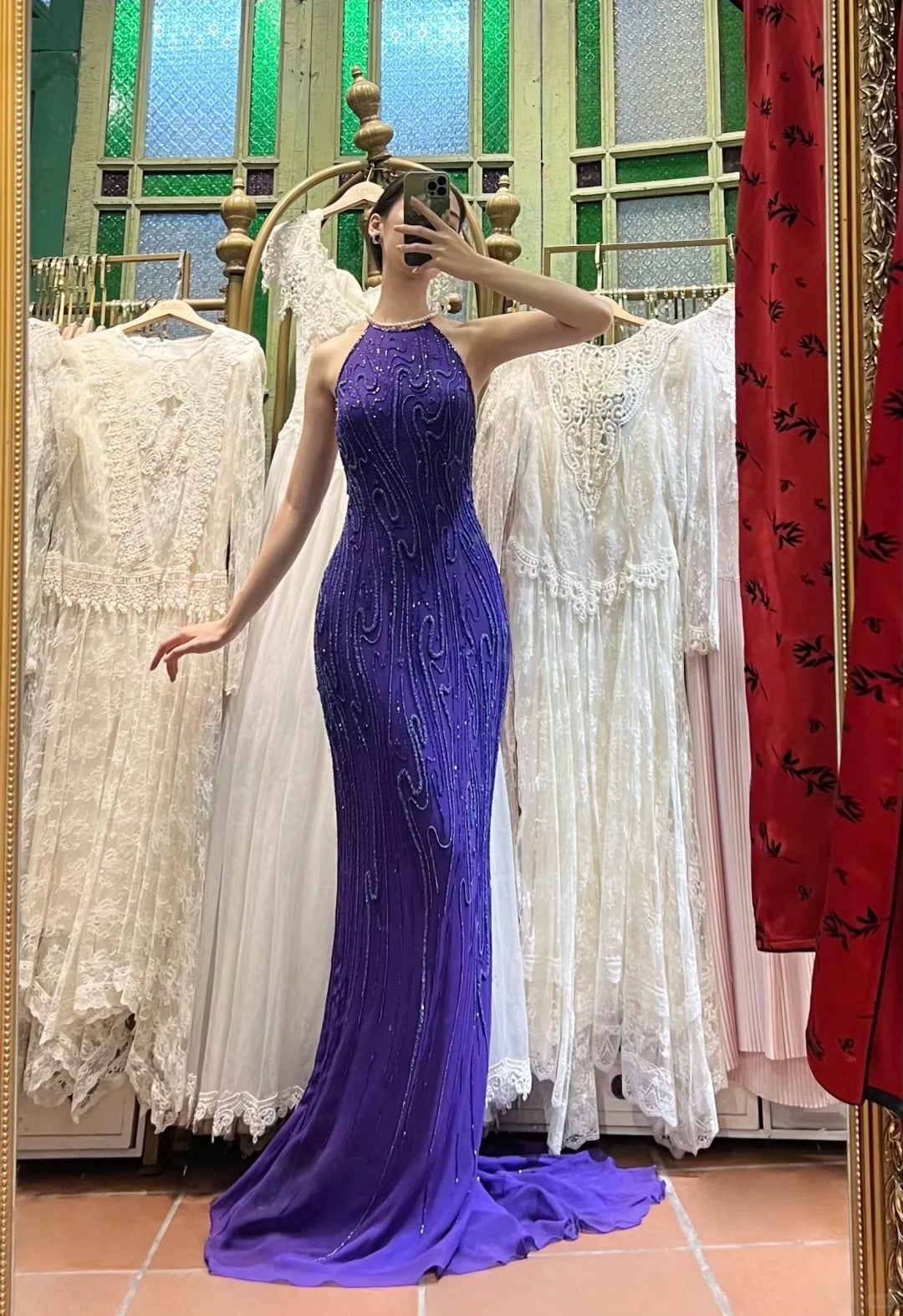 Vintage Deep Purple Mermaid Halter Neck Backless Beaded Chiffon Prom Dress Evening Dress - VelvetHem