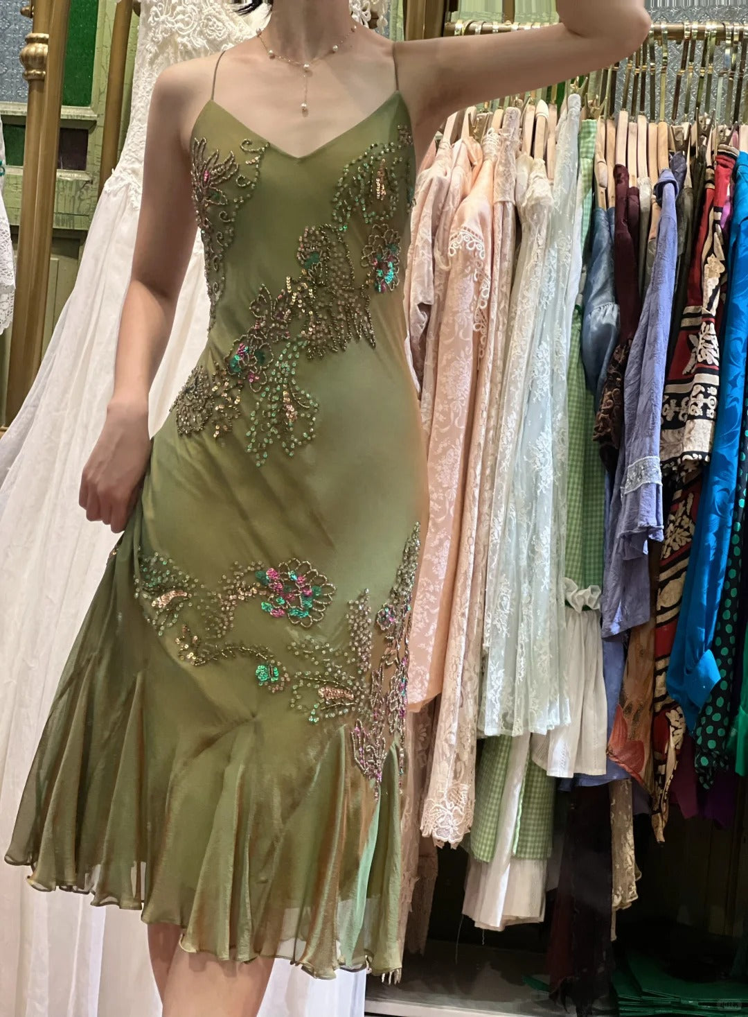 Retro Elegant Olive Green Deep V Backless Cross-Beaded Chiffon Long Prom Dress Evening Dress