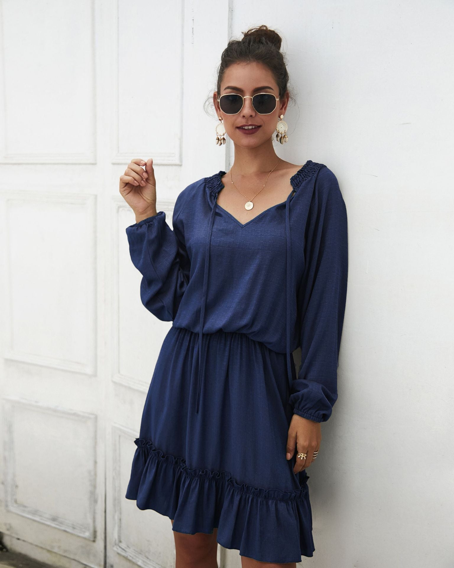 Paros Textured Satin Balloon Sleeve Dress Navy