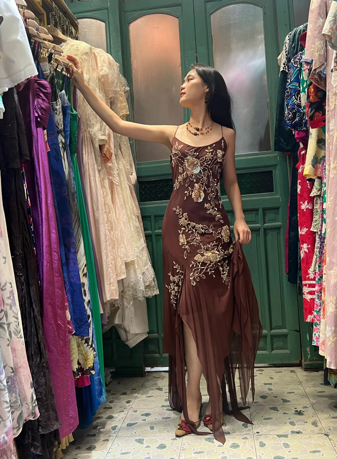 Vintage Brown Irregular Strap Beaded Sequined Prom Dress Evening Dress
