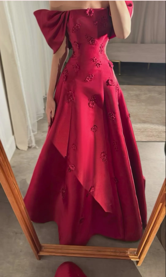 Burgundy Off The Shoulder Satin Appliques Evening Dress Classy Mermaid Party Dress
