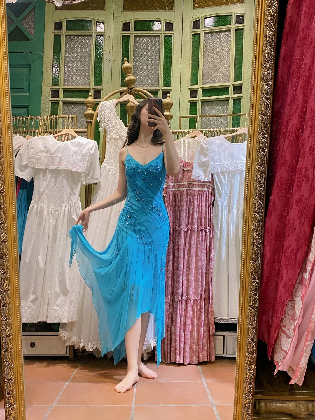 Elegant Blue Irregular Deep V Halter Beaded Chiffon Prom Dress Evening Dress