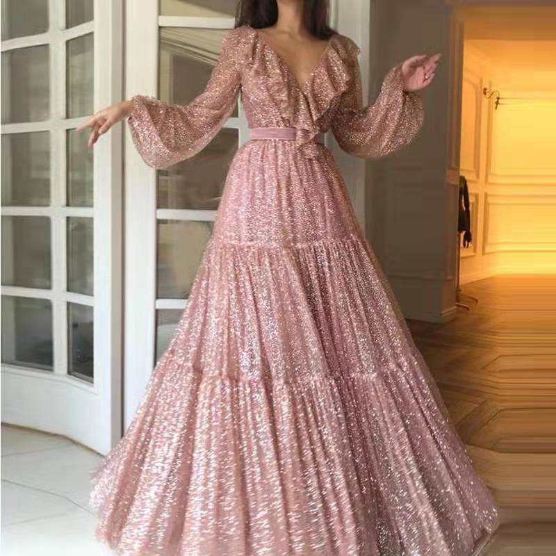 Spring Summer Women Clothing Dress Attractive Long Sleeved V neck Large Swing Evening Dress Maxi Dress
