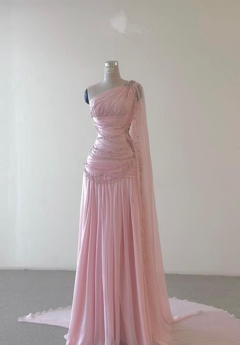 Vintage One-Shoulder Pink Beaded A-Line Chiffon Evening Dress Elegant Prom Dress - View 2 | FashionDia