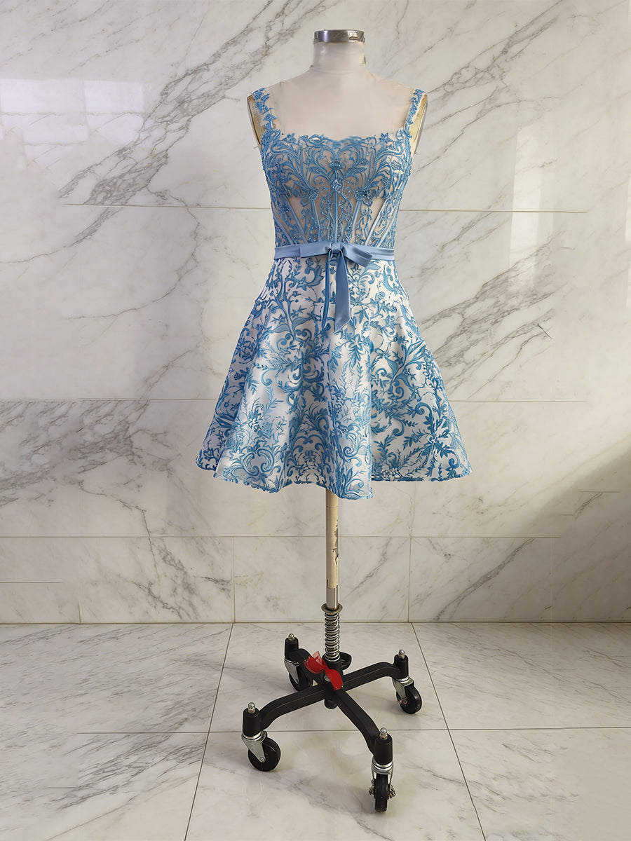 Blue Print A-Line Floral Corset Short Homecoming Dress With Bow - FashionDia