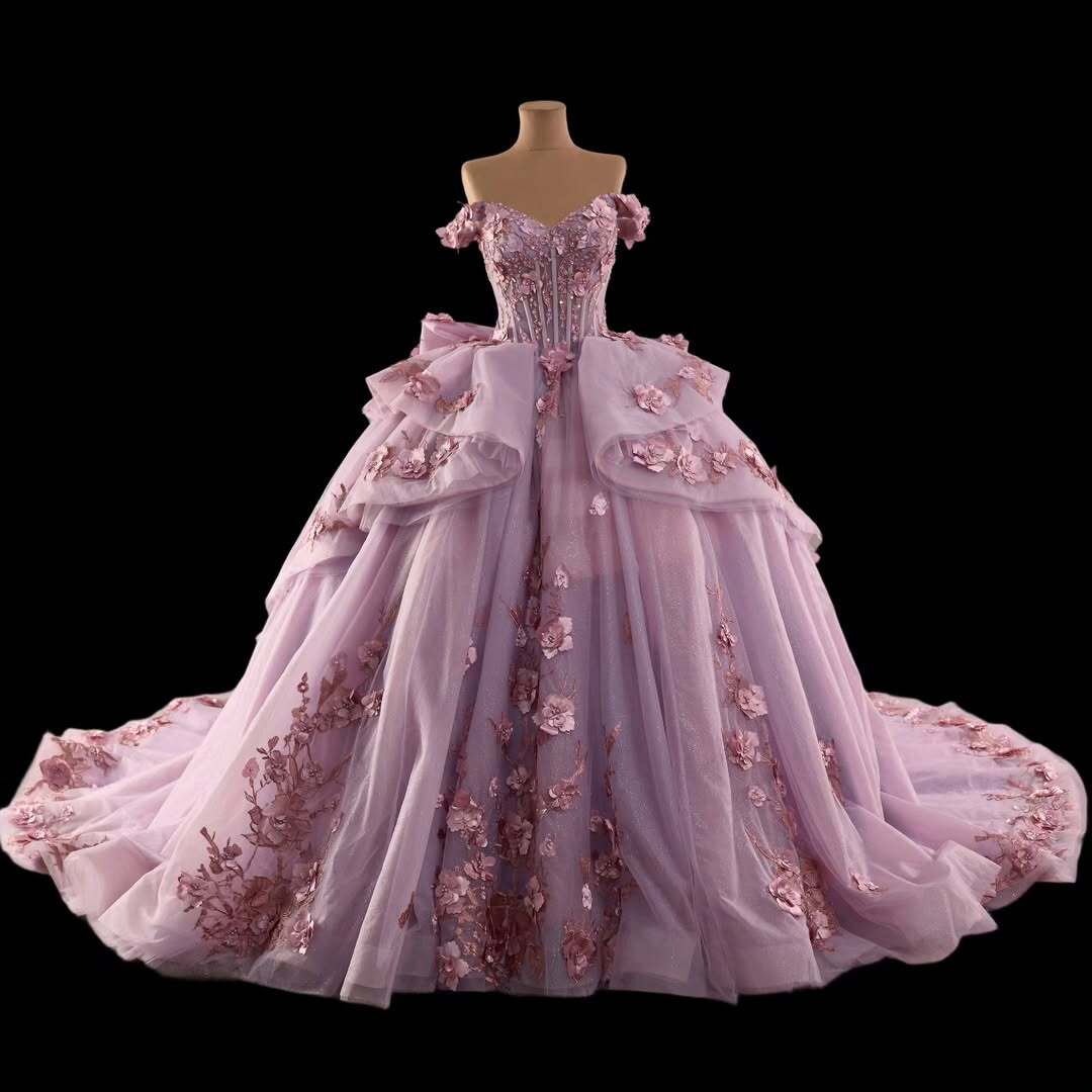 Princess A Line Off the Shoulder Pink Ball Gown Quinceanera Dress with Appliques Bowknot - View 3 | FashionDia