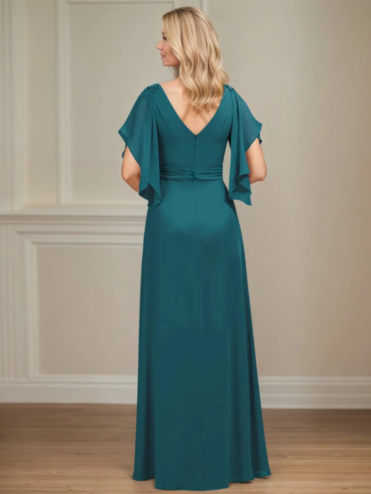 A-Line V-Neck Appliqued Floor-Length Mother of the Bride Dress with Ruffles - View 2 | FashionDia