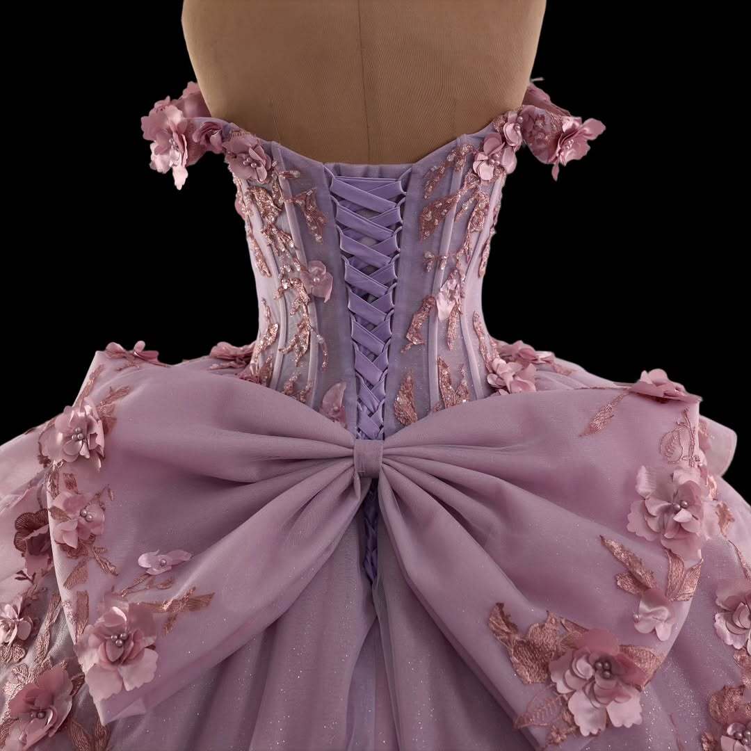 Princess A Line Off the Shoulder Pink Ball Gown Quinceanera Dress with Appliques Bowknot - View 6 | FashionDia