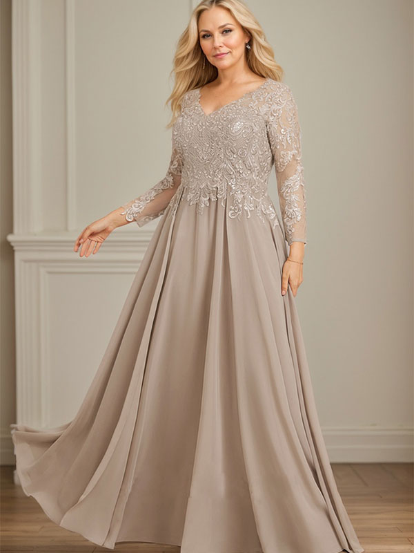 A-line V-Neck Floor-Length Lace Chiffon Mother of the Bride Dress With Sequins - View 6 | FashionDia