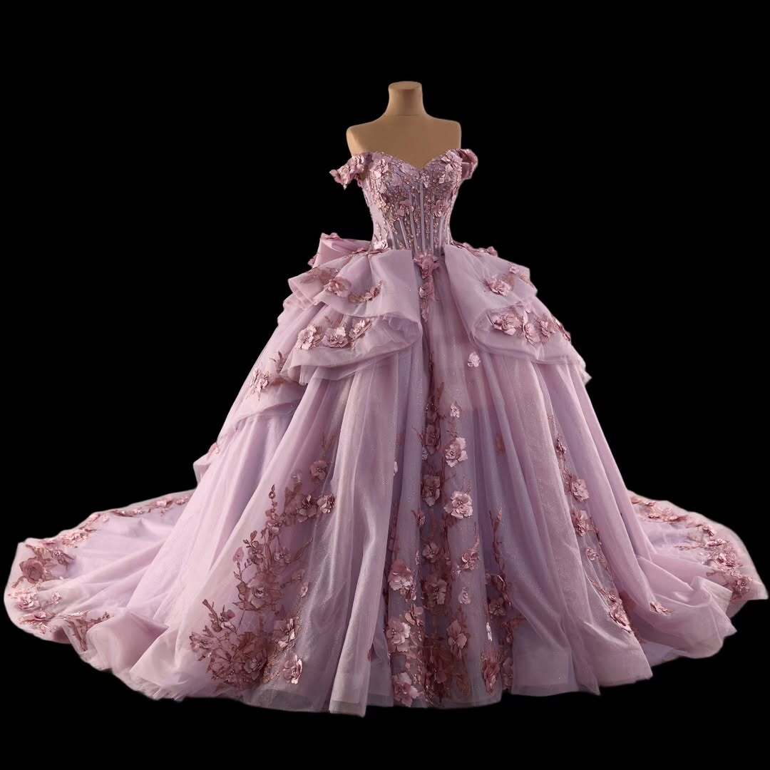 Princess A Line Off the Shoulder Pink Ball Gown Quinceanera Dress with Appliques Bowknot - View 5 | FashionDia