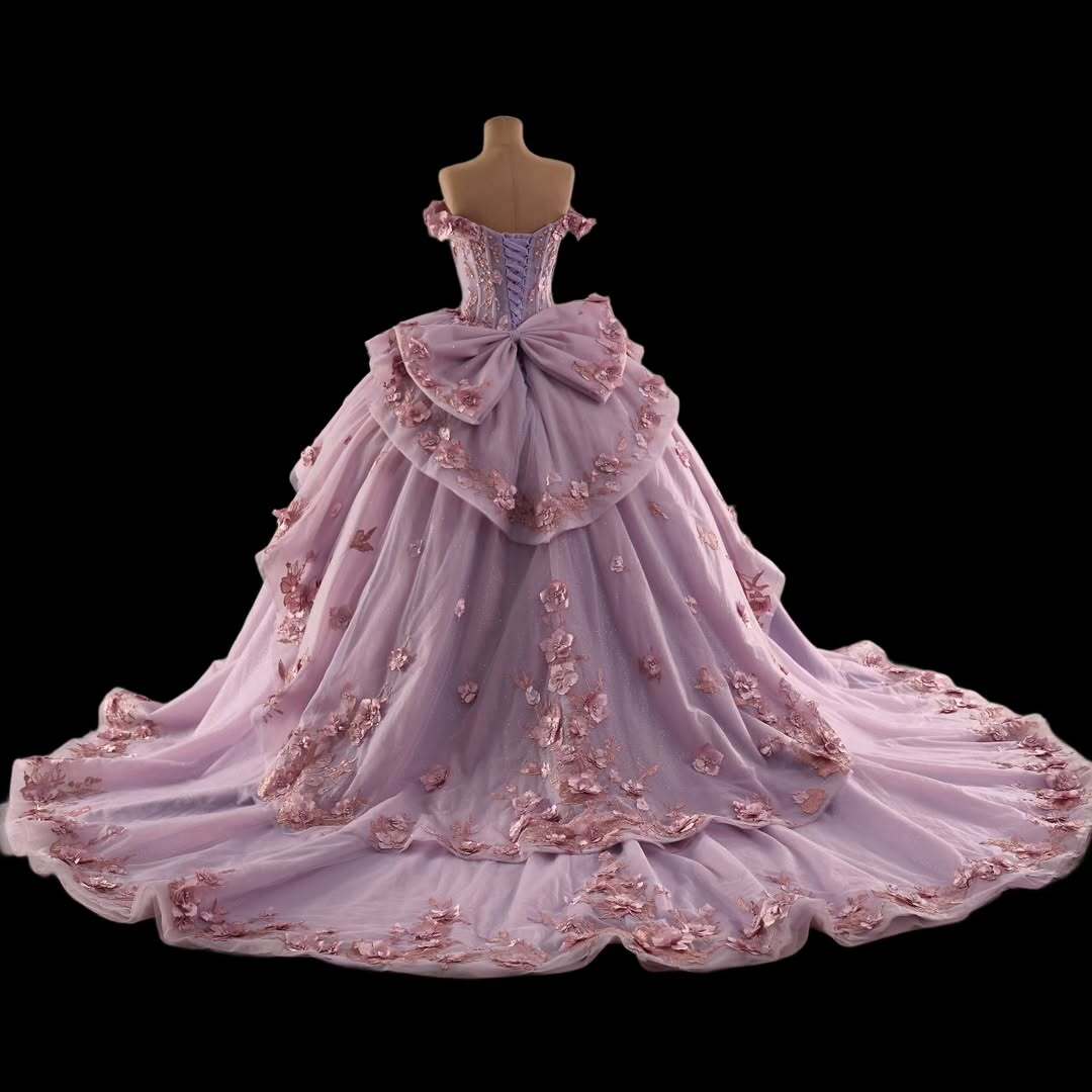 Princess A Line Off the Shoulder Pink Ball Gown Quinceanera Dress with Appliques Bowknot - View 7 | FashionDia