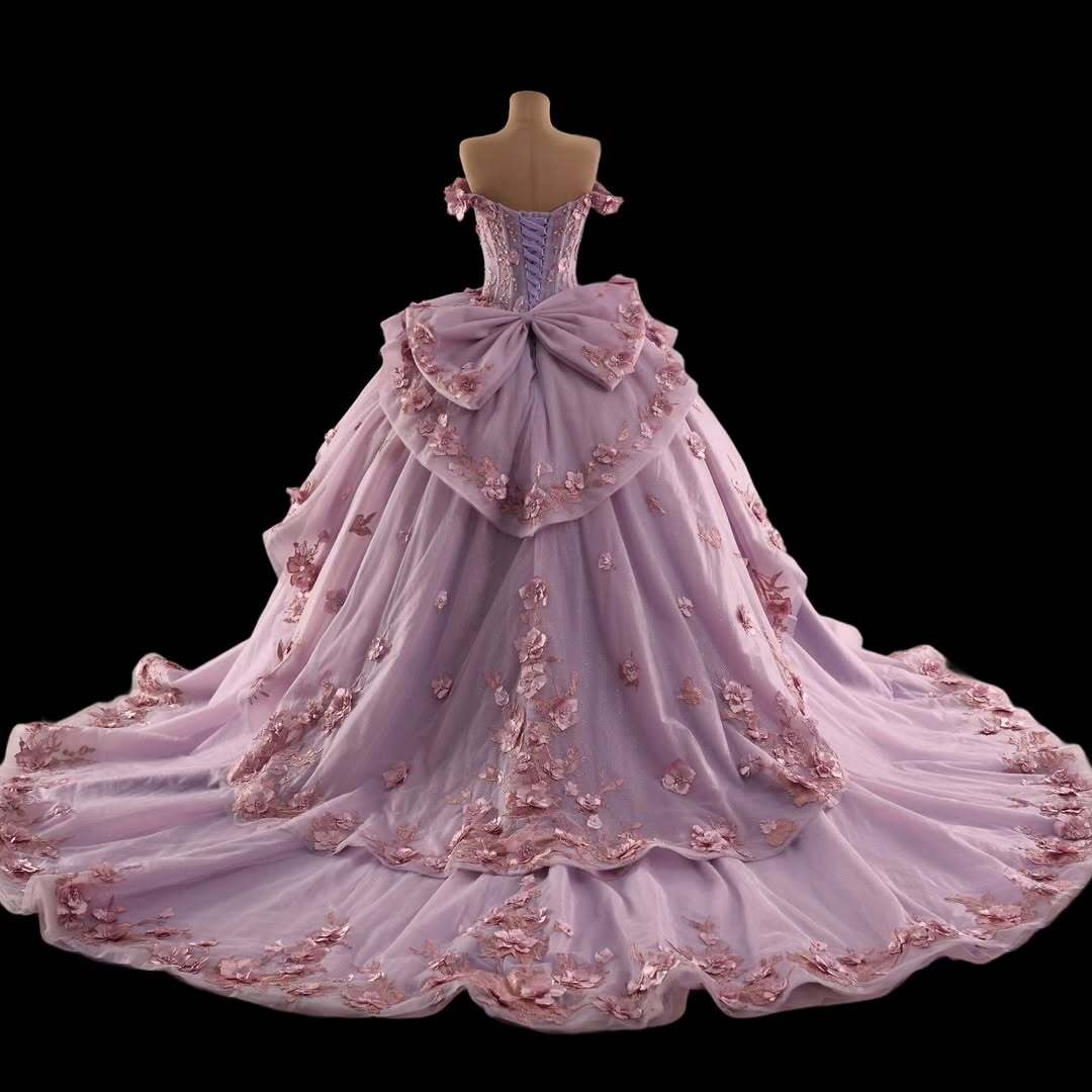 Princess A Line Off the Shoulder Pink Ball Gown Quinceanera Dress with Appliques Bowknot - View 2 | FashionDia