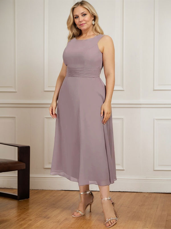 A-line Scoop Tea-Length Chiffon Mother of the Bride Dress With Pleated - View 11 | FashionDia