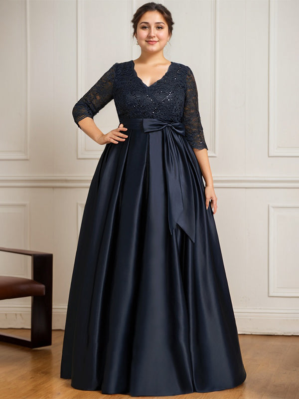 A-line V-Neck Floor-Length Satin Lace Mother of the Bride Dress With Sequins Bow - View 8 | FashionDia