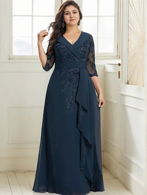 A-line Collared V-Neck Floor-Length Lace Chiffon Mother of the Bride Dress With Sequins Cascading Ruffles - View 11 | FashionDia