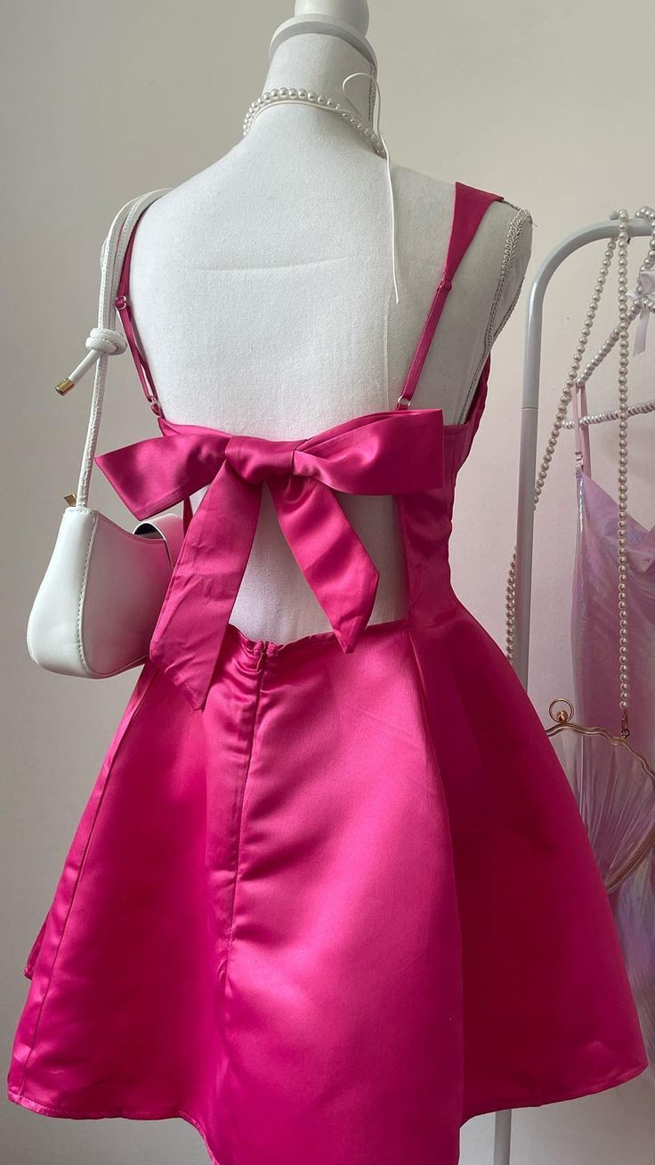 Cute Hot Pink Square Neck Satin A Line Short Party Dress Graduation Homecoming Dress