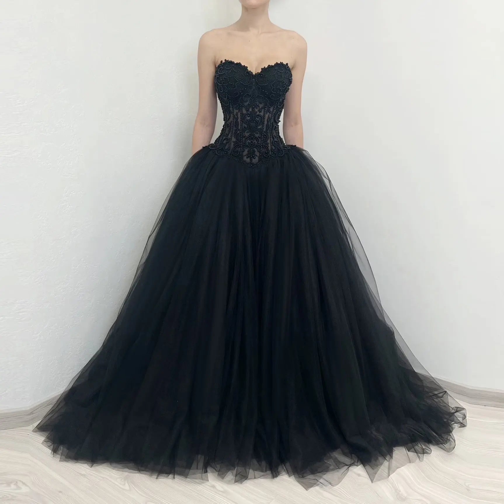 Black Lace Heavy Gothic Beading Wedding Dress Ballgown Corset Closure ZP202