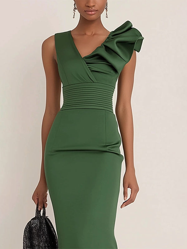 Work Semi-Formal Dress Green Sleeveless Ruffle Fitted Midi Dress - View 2 | FashionDia